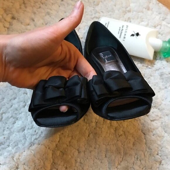 GLINT: 3" Black Satin Bow Peep Toe Heels - Picture 6 of 8